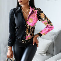 2021 Autumn Casual Women T Shirts Turn-down Collar Long Sleeve Blouse Scarf Print Colorblock Patchwork Button-up Top