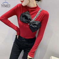 HOT”YIMEI หวานเสื้อยืดของผู้หญิง2023ฤดูใบไม้ผลิและฤดูใบไม้ร่วงใหม่ปกสูงด้วยเพชรโบว์ใหญ่ตกแต่งสีแดงท็อปส์หญิงแฟชั่นเสื้อบอททอมแน่น