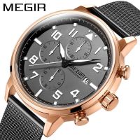 MEGIR/Megel Milan mesh belt mens watch true three-eye dial multi-functional mens watch chronograph luminous watch 【QYUE】