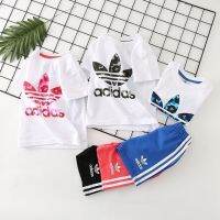 Original AdidasˉNEW Boys And Girls Summer New Clover Print Short-Sleeved Shorts Cotton Suit Children S Two-Piece Suit