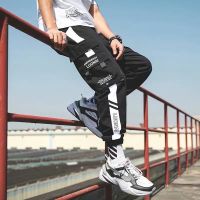 Men Joggers Hip Hop Ribbons Cargo Pants Pants Mens Streetwear Military Pants  Fashion Male Elastic Waist Pant Cotton Black