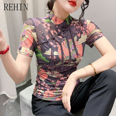 REHIN เสื้อยืดผู้หญิงแขนสั้นหัวเข็มขัดคอตั้งสูง Ntck เสื้อฐานพิมพ์เชิ้ตแฟชั่นสไตล์ยุโรปย้อนยุคพอดีตัว S-3XL อินเทรนด์