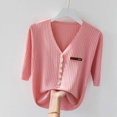 4XL size women summer thin sweater pullover 2022 short sleeve v neck letter slim oversize t-shirt knitting jumper pull