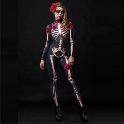 READY STOCK and Girls Halloween skeleton Cosplay Costume Black Carnival Party Jumpsuits