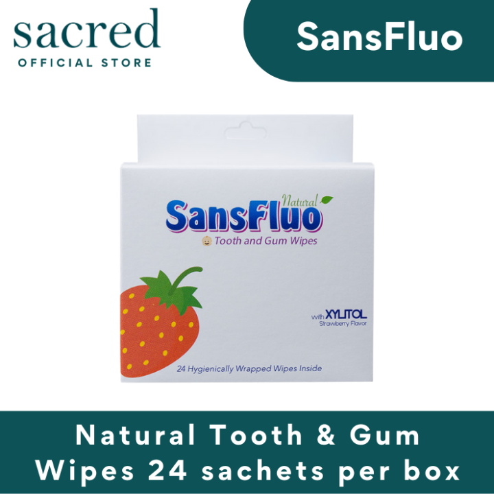 SansFluo Natural Tooth & Gum Wipes 24 Hygienically Wrapped Wipes per
