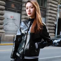 Spring new fashion brand glossy fabric locomotive leather outwaer female striped pattern pu leather jacket factory direct wq1067