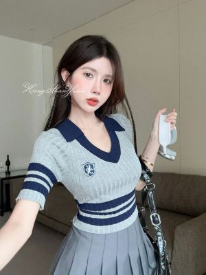 HengShanYuan เสื้อยืดแขนสั้น2023สไตล์เกาหลี,เสื้อโปโลมีปกพิมพ์ลายสีขนาดพิเศษเข้ารูปสำหรับผู้หญิง