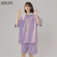 XIYUYI เสื้อยืดคอโปโลผู้หญิง2023ชุดกีฬา,เสื้อลูกไม้ไขว้แนววินเทจแขนสั้นอเมริกัน