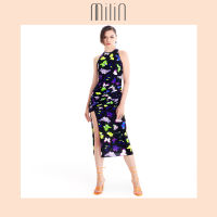 [MILIN] Ruched hip detail  digital print midi dress เดรสมิดิพิมพ์ลายแต่งรูดช่วงสะโพก Nymph dress / Black