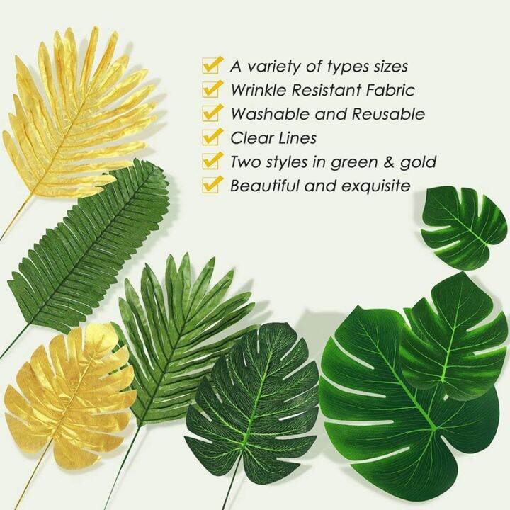 100-pcs-artificial-palm-leaves-tropical-leaves-leaf-gold-and-green-faux-leaves-for-hawaiian-party-table-decoration