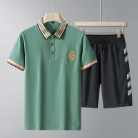 【July hot】 Leisure sports suit mens summer thin short-sleeved T-shirt business lapel polo ice silk set