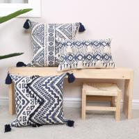 Navy Blue Ethnic Style Geometric Printed Cushion Cover Cotton Tufted Tassels Decorative Pillows for Sofa Living Room Pillowcase