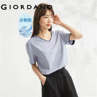 GIORDANO ผู้หญิง เทคโนโลยีขั้นสูงความรู้สึกเย็นน้ำแข็งออกซิเจนเย็นถักสีตัดกันเสื้อยืดคอวีแขนสั้น Free Shipping 05323414