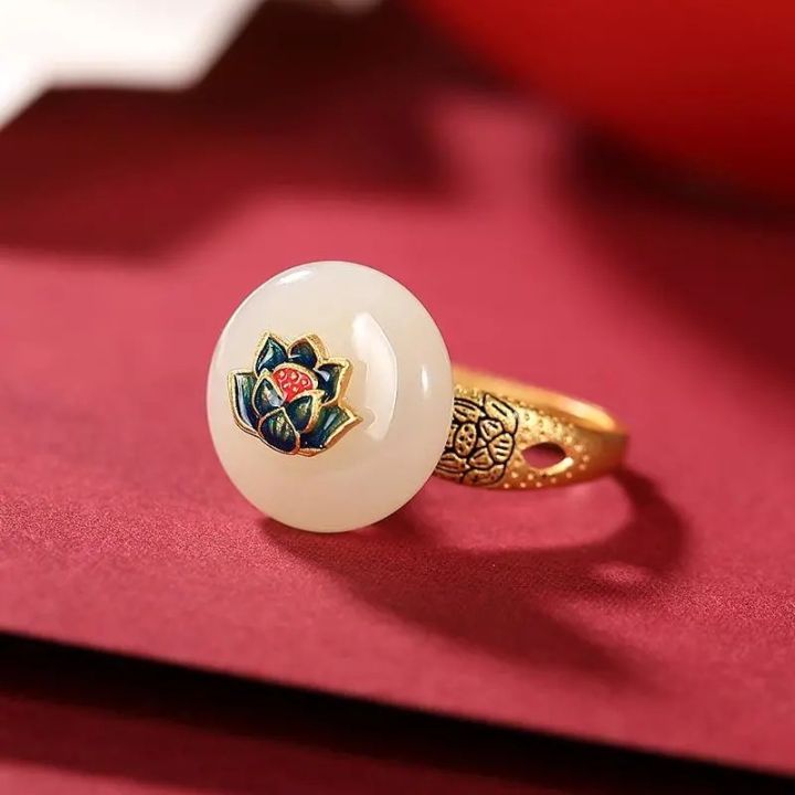 ht-แหวนเงิน-s925หยกสีขาวแหวนชุบทองแหวนรูปดอกบัวดอกบัวสไตล์พื้นเมืองแหวนดีไซน์ปลอดภัย
