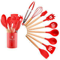 HEYI 11 PCS Set Colored Home Wooden Handle Silicone Piece Set Utensils Kitchenware Japanese Kitchen Tools HZF