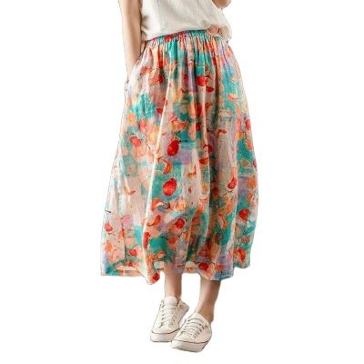 【CW】 Cotton summer new floral A-line women  39;s printed pleated elastic waist large P3 725