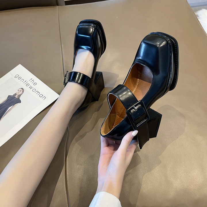 ส่งเร็วพิเศษnewgreentrees-สไตล์ฝรั่งเศส-mary-jane-รองเท้าส้นสูงสตรีสั้นฤดูใบไม้ผลิ-retro-square-toe-รองเท้าผู้หญิงแพลตฟอร์มกันน้ำส้นหนารองเท้า