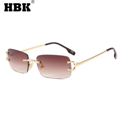 HBK Retro Rimless Sunglasses For Women Men Small Square Gold Frame Brand Design Tea Shades Rectangle UV400 Zonnebril Eyewear