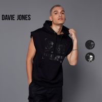 DAVIE JONES เสื้อฮู้ดดี้ โอเวอร์ไซส์ แขนกุด ปั้มลาย สีดำ Pullover Hoodie in black PU0011BK 12BK