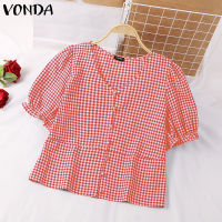 (จัดส่งฟรี)Fancystyle VONDA เสื้อคอวีของผู้หญิงเสื้อสตรีแขนยาวพองลายสก๊อตเสื้อเน้นรอบเอว #2