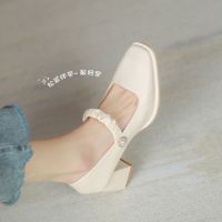 CODai424839 [37-43] 2022 spring new fashion all-match French style mid-heel square toe thick heel single Mary Jane pearl high heels