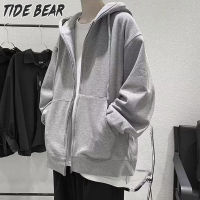 TIDE BEAR เสื้อกันหนาวผชแจ็คเก็ตสเวตเตอร์มีฮู้ดสำหรับผู้ชาย,เสื้อกันหนาวลำลองแบบหลวมมีซิปเสื้อฮู้ดขนแกะ