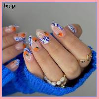 FXUP เล็บปลอมรูปไข่ใบไม้สีฟ้าปลายเล็บฝรั่งเศสเล็บปลอมแบบถอดออกได้สำหรับ DIY