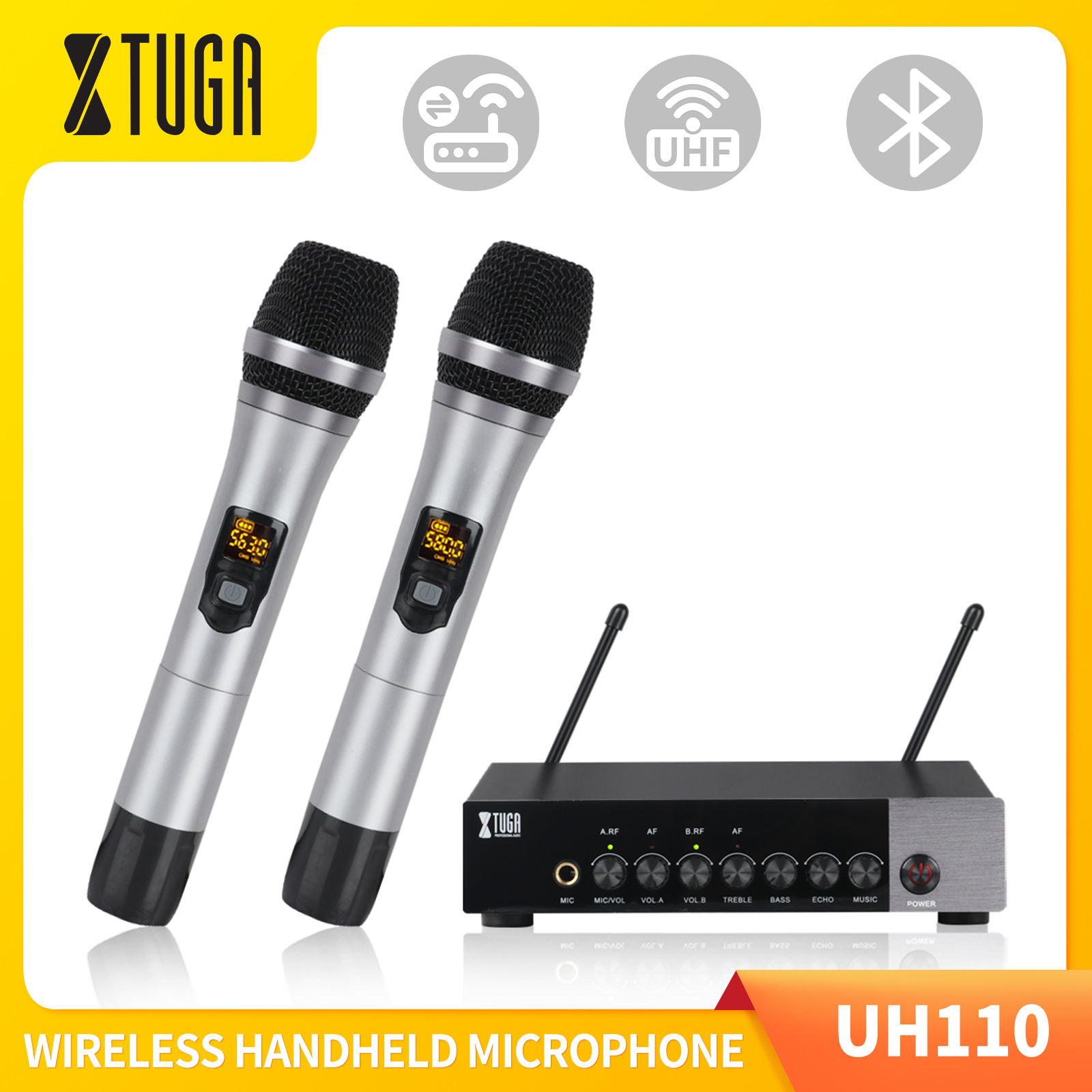 XTUGA UH01 6.35mm/USB Multifunction Dual UHF Wireless Microphone Whole Metal Echo Microphone with Mini Potable Receiver 1/4 Output,for Church/Home/Karaoke/Business Meeting UH01 6.35mm 