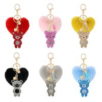 Rhinestone flannel bear peach heart love plush ball keychain pendant lady bag purse accessories cute peach heart bear gift