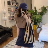 EMH Fashionable Gadget New 2021 Contrast Color Striped Checkerboard Knitted Shopping Bag Handbag