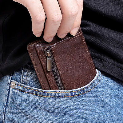 กระเป๋าใส่บัตรเครดิตหนังแท้วินเทจบางพิเศษมีซิป Pouch Koin อเนกประสงค์กันขโมย RFID แฟชั่นผู้ชายกระเป๋าสตางค์ขนาดเล็กกระเป๋ามายากลที่เรียบง่าย