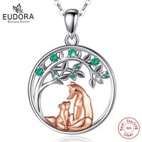 EUDORA 925 Sterling Silver Fox Mother Baby Rose Gold Necklac Tree of Life Green CZ Pendant Fashion Jewelry for Women Girl d633