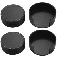 Set of 12 Leather Drink Coasters Round Cup Mat Pad for Home and Kitchen Use Black