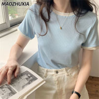 MAOZHUXIA เสื้อยืดแขนสั้นผู้หญิง,เสื้อคอกลมแขนสั้นพอดีตัวนุ่มเสื้อยืด Sweet สง่างาม