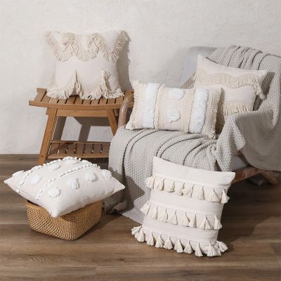 Nordic Moroccan Style Cotton Cushion Cover Tassel Tufted Embroidery Throw Pillow Case Bohemian Abstract Pillow Cover Home Decor