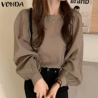 (Korean Causal) VONDA Plus Size Women Long Sleeve O Neck Solid Color Casual Blouse