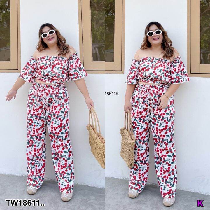 tw18611-set-bigsize-2-ชิ้น-เซตครอปเสื้อทรงปาดไหล่-กางเกงขายาว