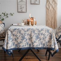 Corinada Cotton and Linen Table Cloth for Blue Rose Print Rectangular Round Clover Kitchen Dinning Room Crocheted Lace Decor