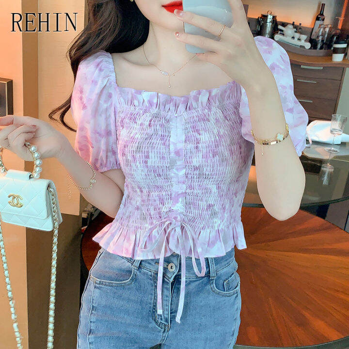 rehin-women-s-top-summer-new-korean-version-all-match-floral-slim-short-sleeved-shirt-square-collar-trend-blouse