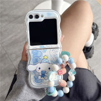 เคสนิ่มลายคลื่นสำหรับ Samsung Galaxy Z Flip5 4 3 5G TPU Cinnamoroll ป้องกันการตกฝาปิดมีสายรัดข้อมือ + แท่นวางโทรศัพท์