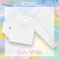 iCONiC  PARADISE RIBBED COTTON HIGH NECK LONG SLEEVE TEE #5406 สีขาว เสื้อยืด แขนยาว ผ้าคัทต้อน ฟอกเนื้อ หนานุ่ม เนื้อสัมผัส ละเอียด ปักลาย ขนนก ฟู 3มิติ