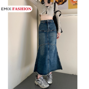 Chân váy bò dáng dài EMIX, denim, đuôi cá, dáng ôm, phối bèo dài