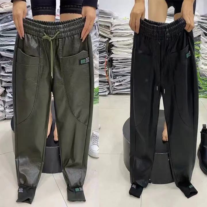 fleece-lined-pu-leather-pants-womens-oversized-trousers-simple-elastic-waist-drawstring-sweatpants-women-capris-harem-pants-4xl