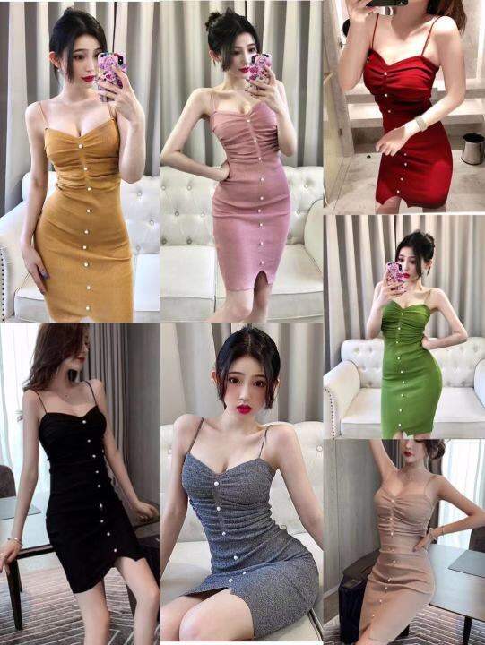 พร้อมส่ง-เดรสสายเดี่ยวกระดุมหน้า-ไหมพรมผ้าเข้ารูปยืดทรงสวย4109-1