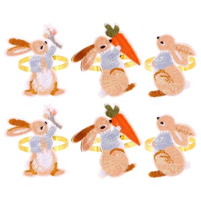 6 Pieces Easter Napkin Rings Bunny Napkin Buckle Embroidered Rabbit Metal Napkin Holders for Easter Home Kitchen Decor