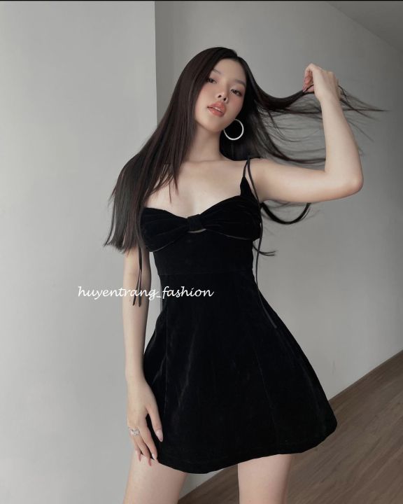 Đầm dự tiệc 2 dây màu đen HL1501  Thời trang công sở KK Fashion 2019