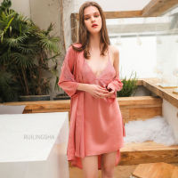 Sexy Kimono Robe Gown Women Bathrobe 2PCS Sleep Set Nighty&amp;Robe Suit Satin Silky Intimate Lingerie Sleepwear Bridal Wedding Gift