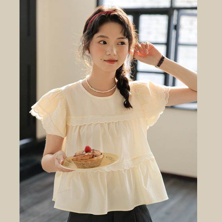 64216-เสื้อเชิ้ตแขนสั้น-ทรงหลวม-แต่งลูกไม้-สีพื้น-v728