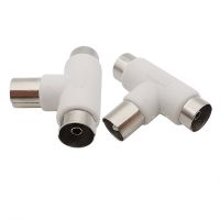 2Pcs T Type TV Antenna Splitter Aerial Coaxial Cable TV Male Plug to 2x Female Jack Connector Adapter White