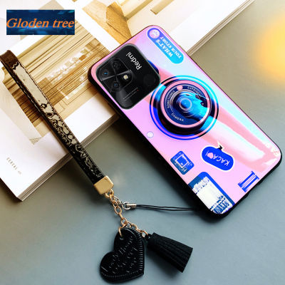 Gloden tree For Xiaomi POCO C40 Case Camera Pattern + Stand + Beautiful Tassel Hand Strap Protective Back Cover Couple Cases